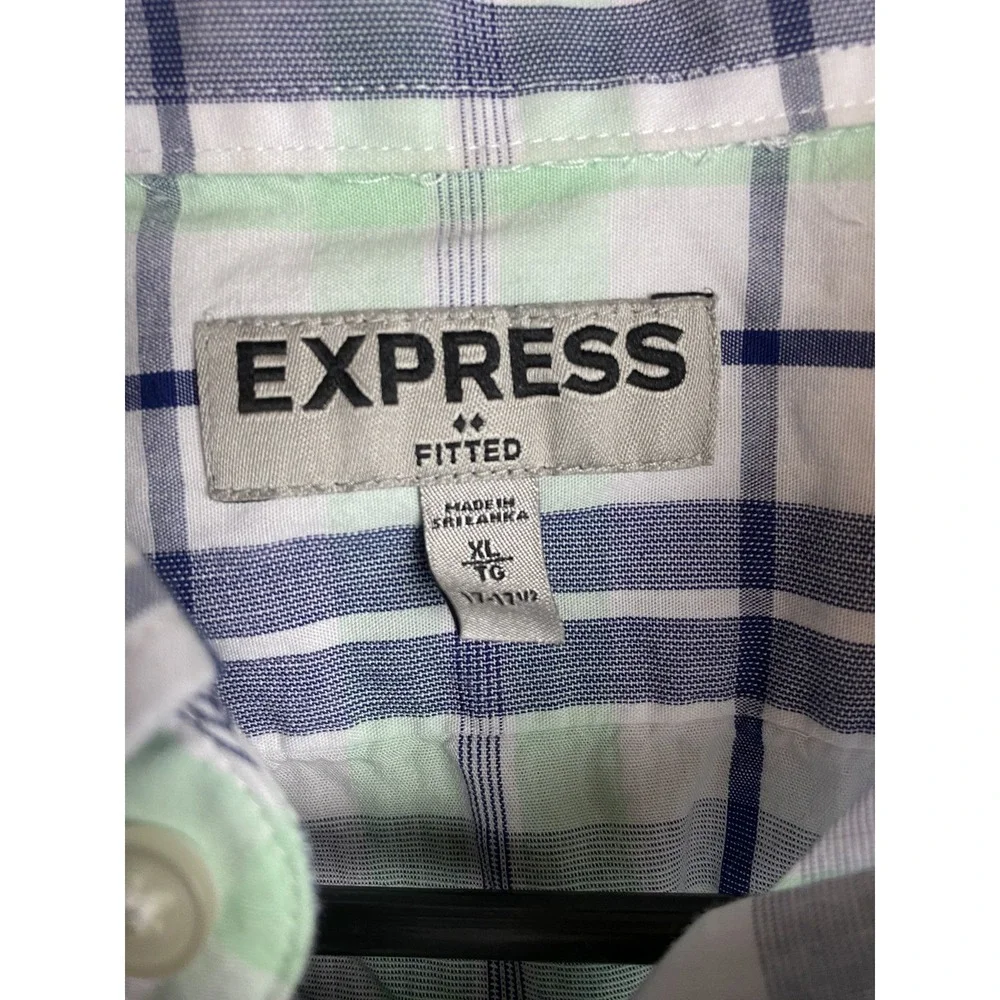 Express Men's XL Fitted Plaid Dress Shirt Green Blue Long Sleeve